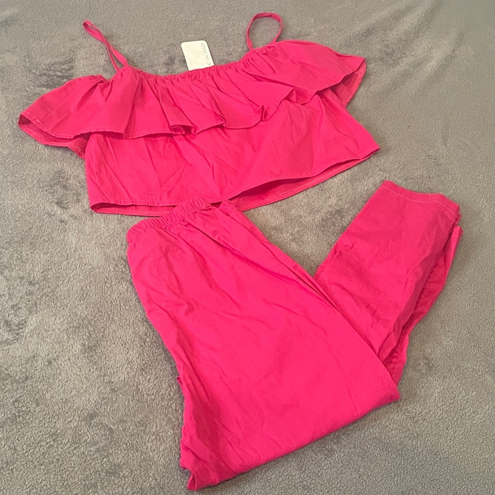 NWT Pink Ruffle Crop Top and Pants Set